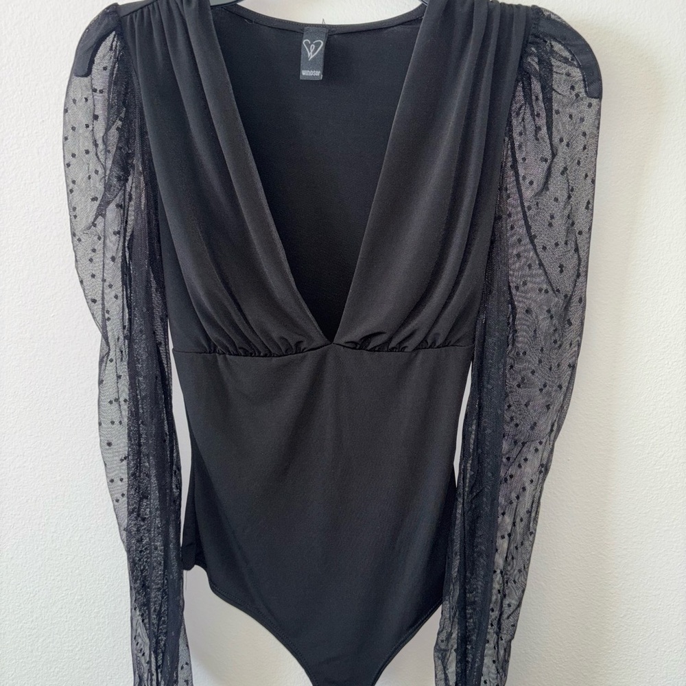 Windsor Women’s Black Bodysuit with Sheer Sleeves